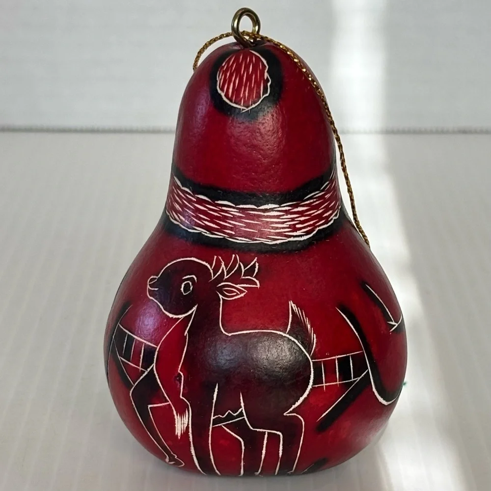 Santa Clause Folk Art Gourd Christmas Ornament  Hand Carved Painted Peruvian